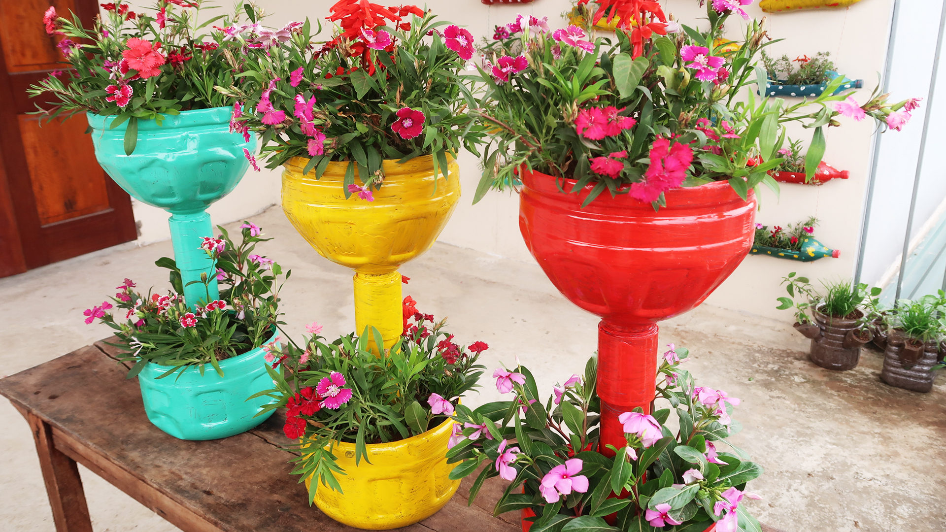 Recycle Plastic Bottles Into Colorful Flower Pots For Balconies And Small Gardens