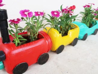 Recycle Plastic Bottles Into Colorful Train-Shaped Flower Pots For Small Gardens And Balconies