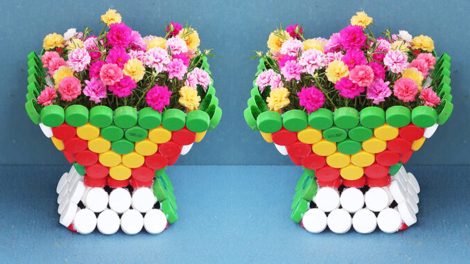 Great Flower Pot, Recycling Plastic Bottle Cap Makes Beautiful Flower Pots For Small Garden