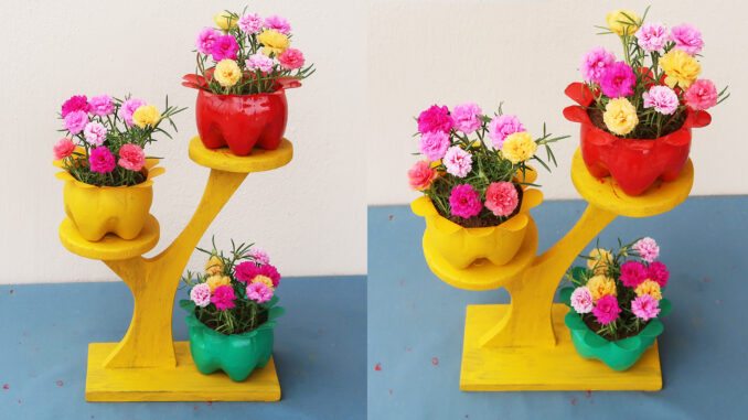 Great Garden Ideas, Beautiful Flower Pots From Recycled Plastic Bottles And Wood (2)