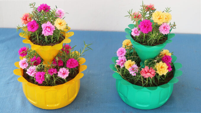 Recycle Plastic Bottles To Make beautiful Two-Tier Flower Pots To Grow Portulaca (Moss Rose) (1)