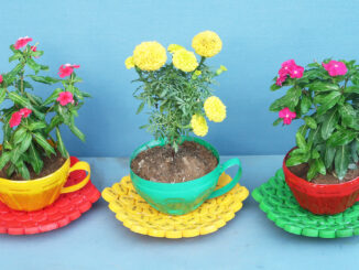 Reuse Plastic Bottles And Bottle Caps To Make A Stunning Tea Cup-Shaped Plant Pot