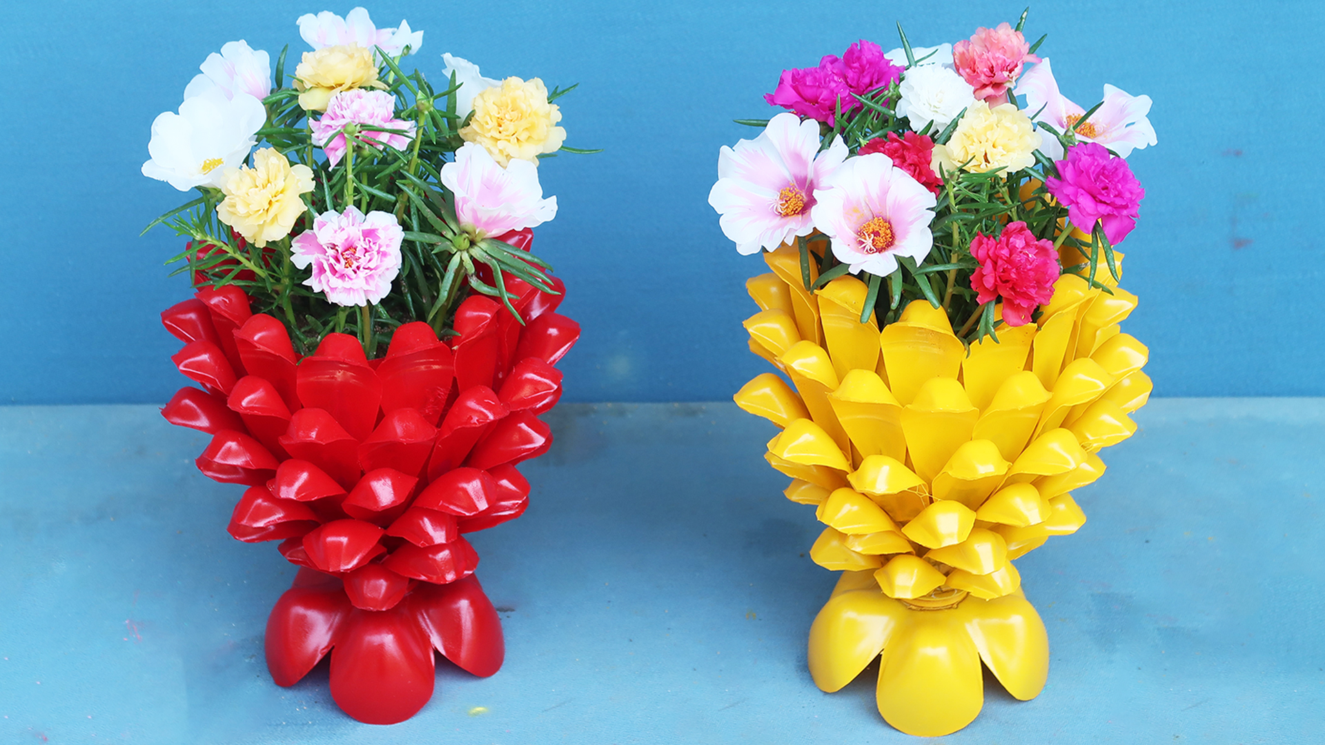 Creative flower pots from plastic bottles, How to make beautiful Portulaca Mossrose planters