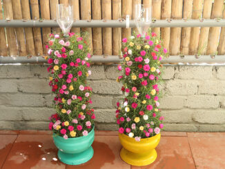 Beautiful Portulaca (Mossrose) garden tower from recycled plastic bottles
