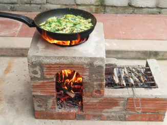 Creative wood stove from cement and brick, Great two-in-one wood stove idea